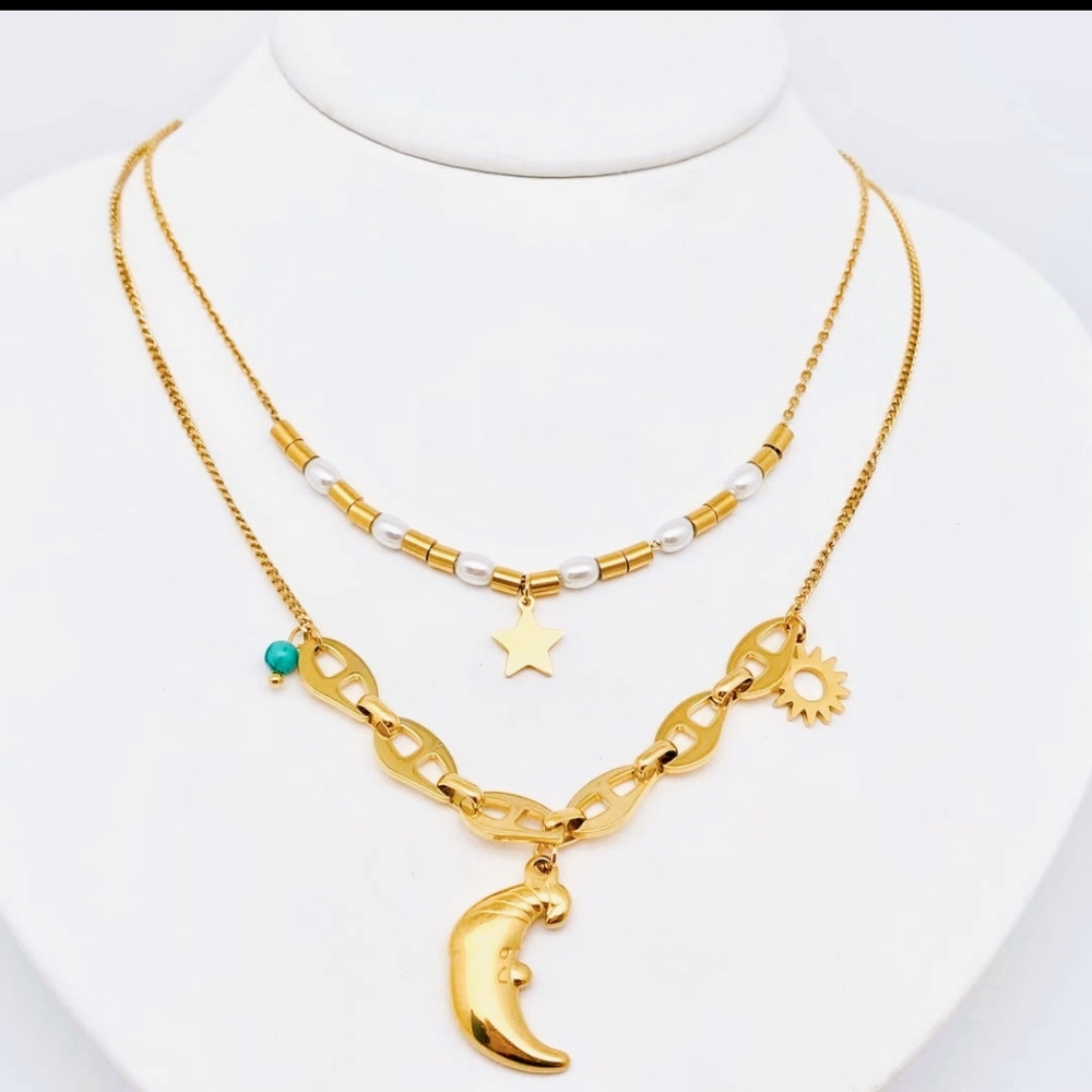 18k Moon charm necklace, beaded, chain, charms - Picture 2 of 4